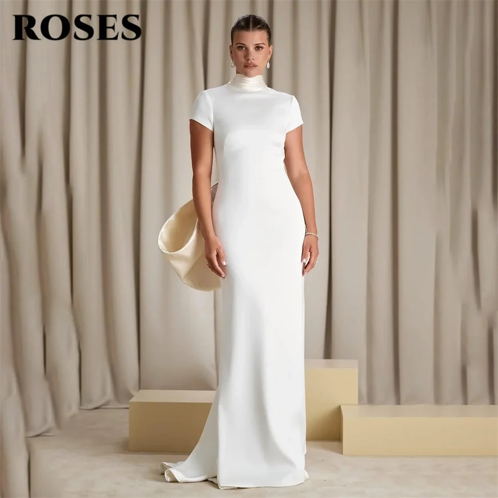 ROSES White Satin Prom Dresses High Neck Off the Shoulder Evening Dress Sexy Open Back Party Dress vestidos de fiesta Customized