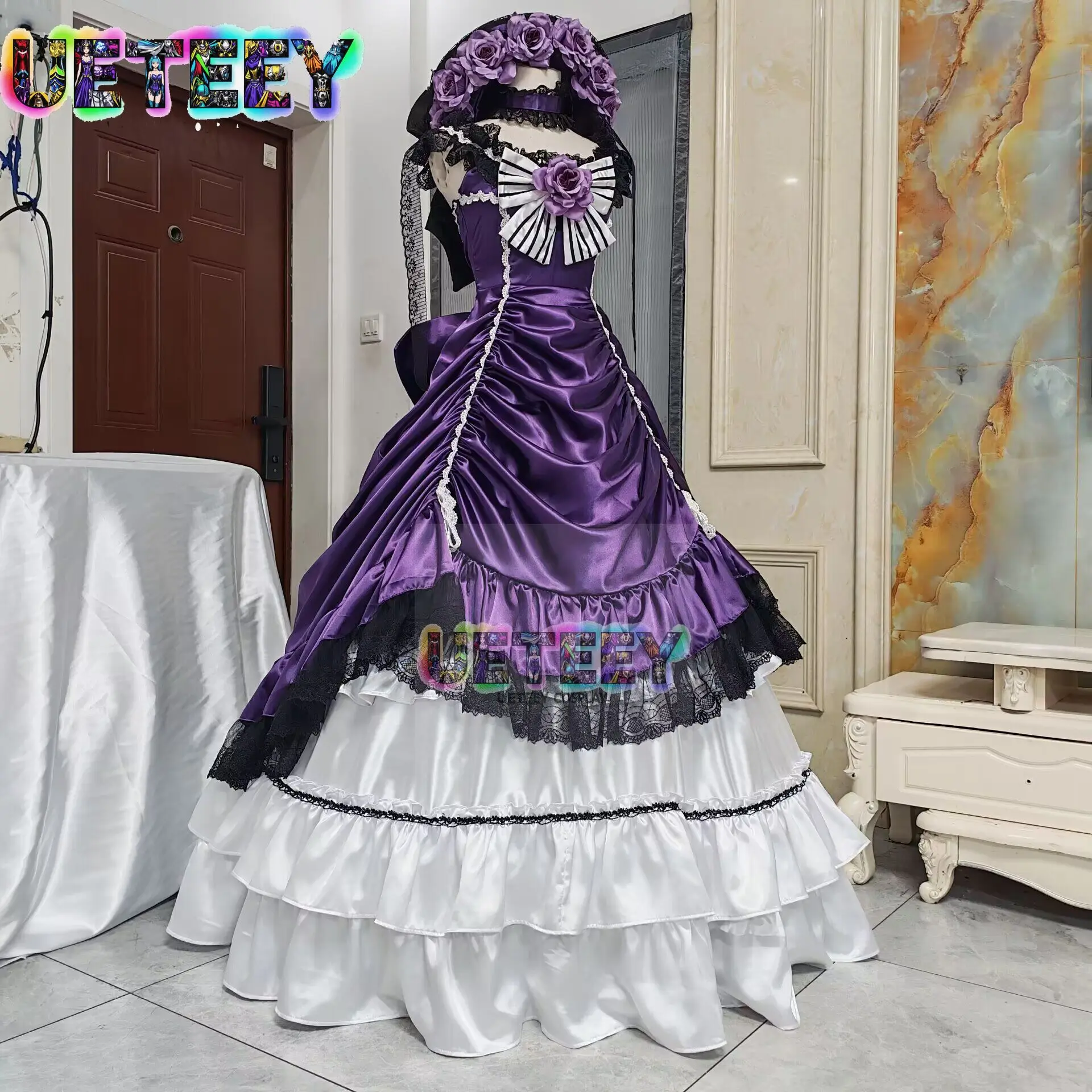 UETEEY COS Ciel Phantomhive Robin Dunkelvioletter dicker Satinstoff Cosplay-Kostüm Konventionskleid Halloween-Kostüm Maßanfertigung Image