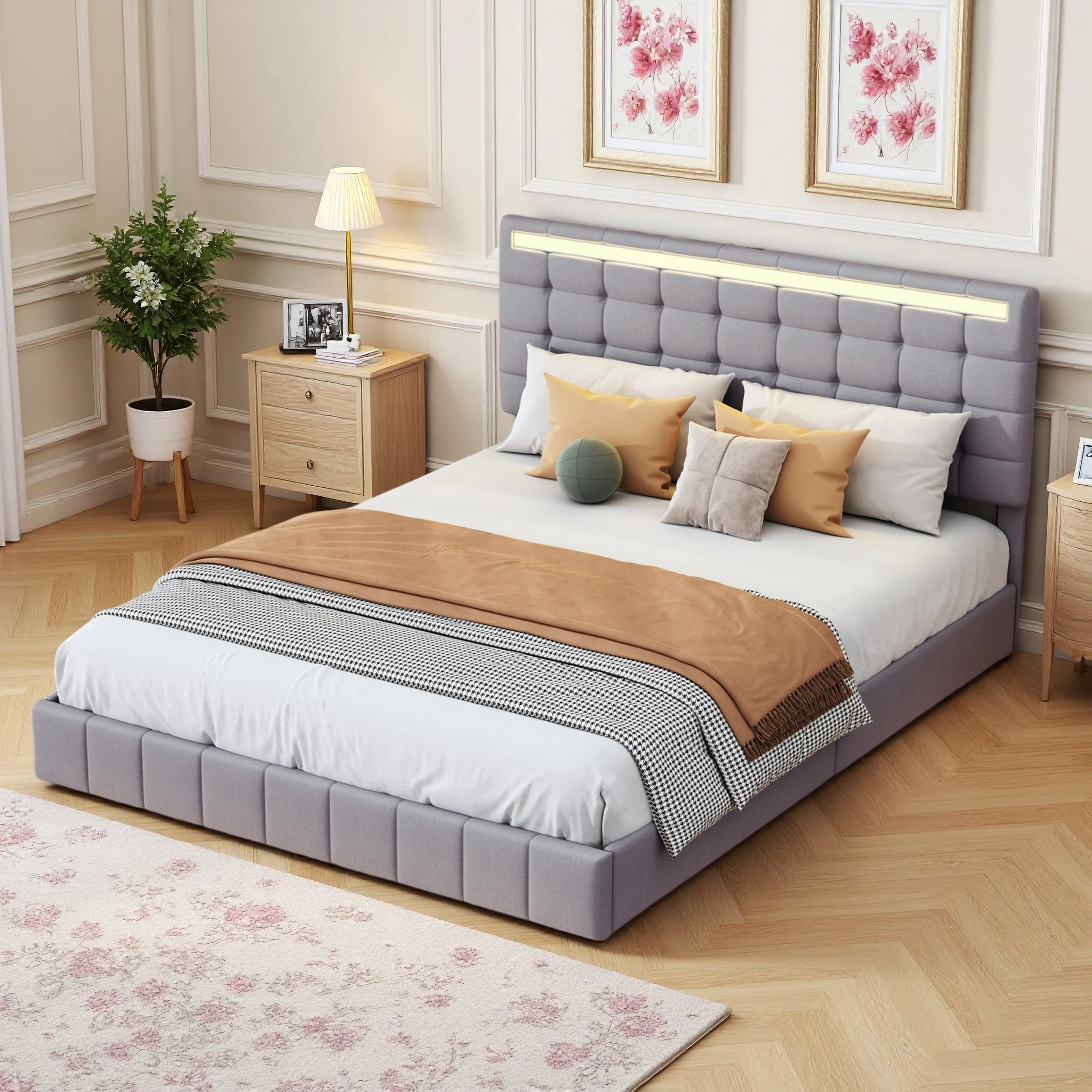 Polsterbett 140x200 cm mit verstellbarem Kopfteil, Doppelbett mit LED und USB Anschluss, Schwebebett aus Leinen, gepolstertes Bettgestell mit Lattenrost, Funktionsbett Jugendbett für Schlafzimmer,