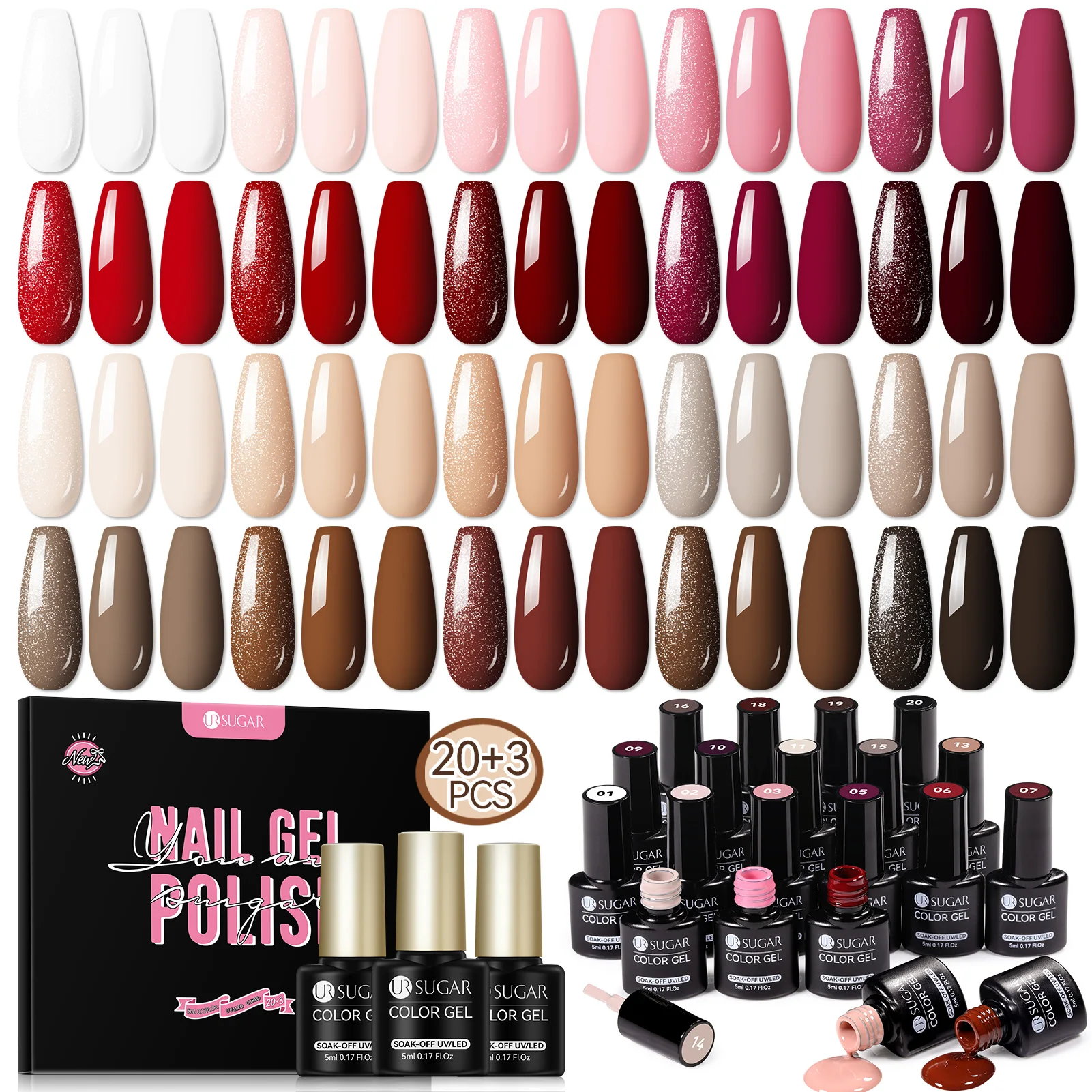 UR SUGAR 23-teiliges Gel-Nagellack-Set 5ml Nude-Rot Farbe Semi-Permanent Gel mit Basis- und Überlack Langanhaltender Soak-Off UV-Gel-Lack Image