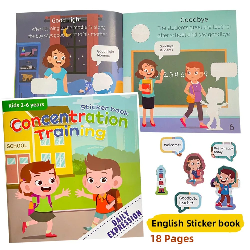 18 Seiten Konzentrationstraining für Kinder, englische Wörter, Aufkleberbuch, Aufklärung, lustiges Lernbuch für Kinder im Alter von 2–6 Jahren Image