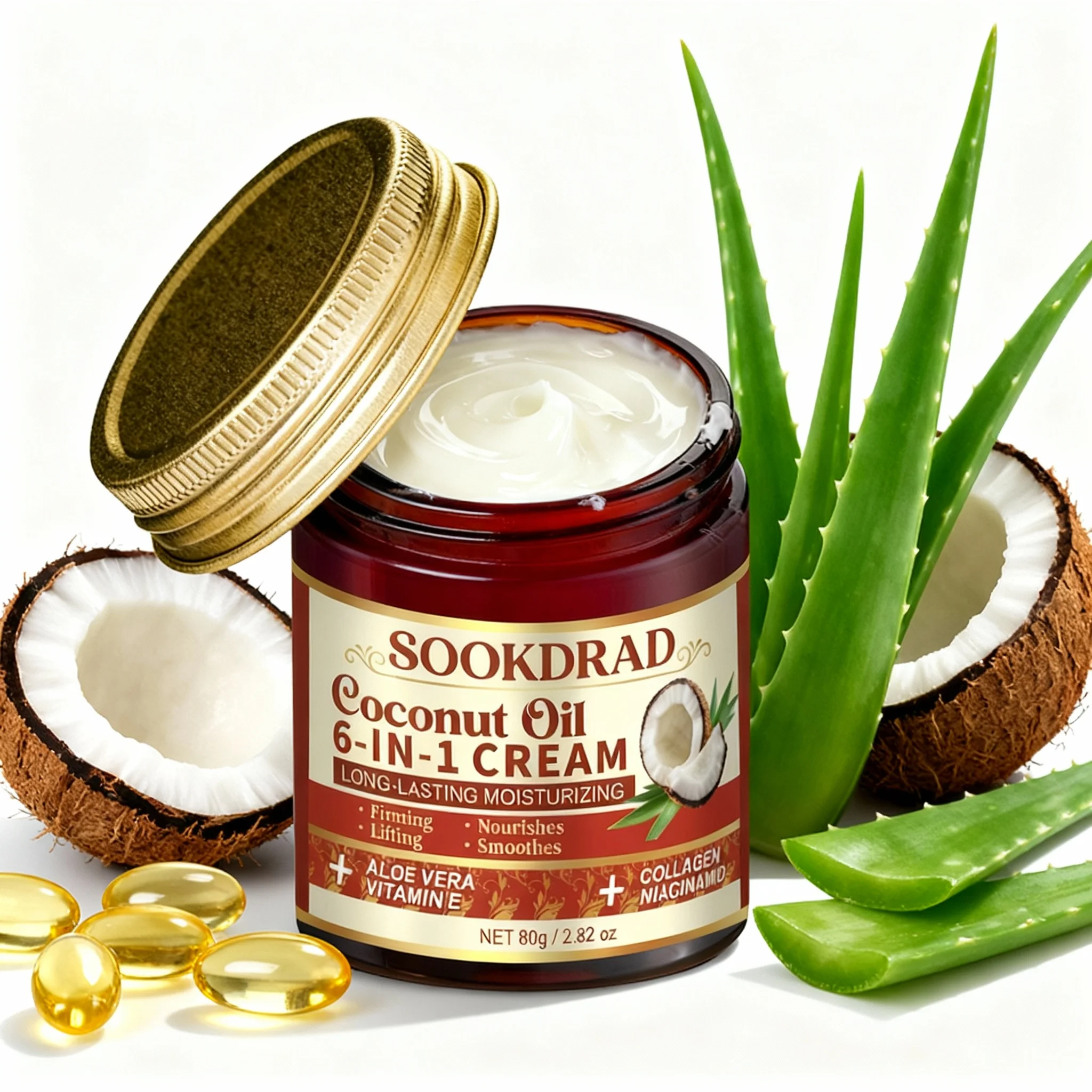 Kokosnussöl 6-in-1 Creme, Kollagen, Aloe, Vitamin E, Niacinamid, Langzeit-Feuchtigkeit, Gesicht & Körper, Alle Hauttypen, 80g/2,82oz, Tägliche Anwendung Image