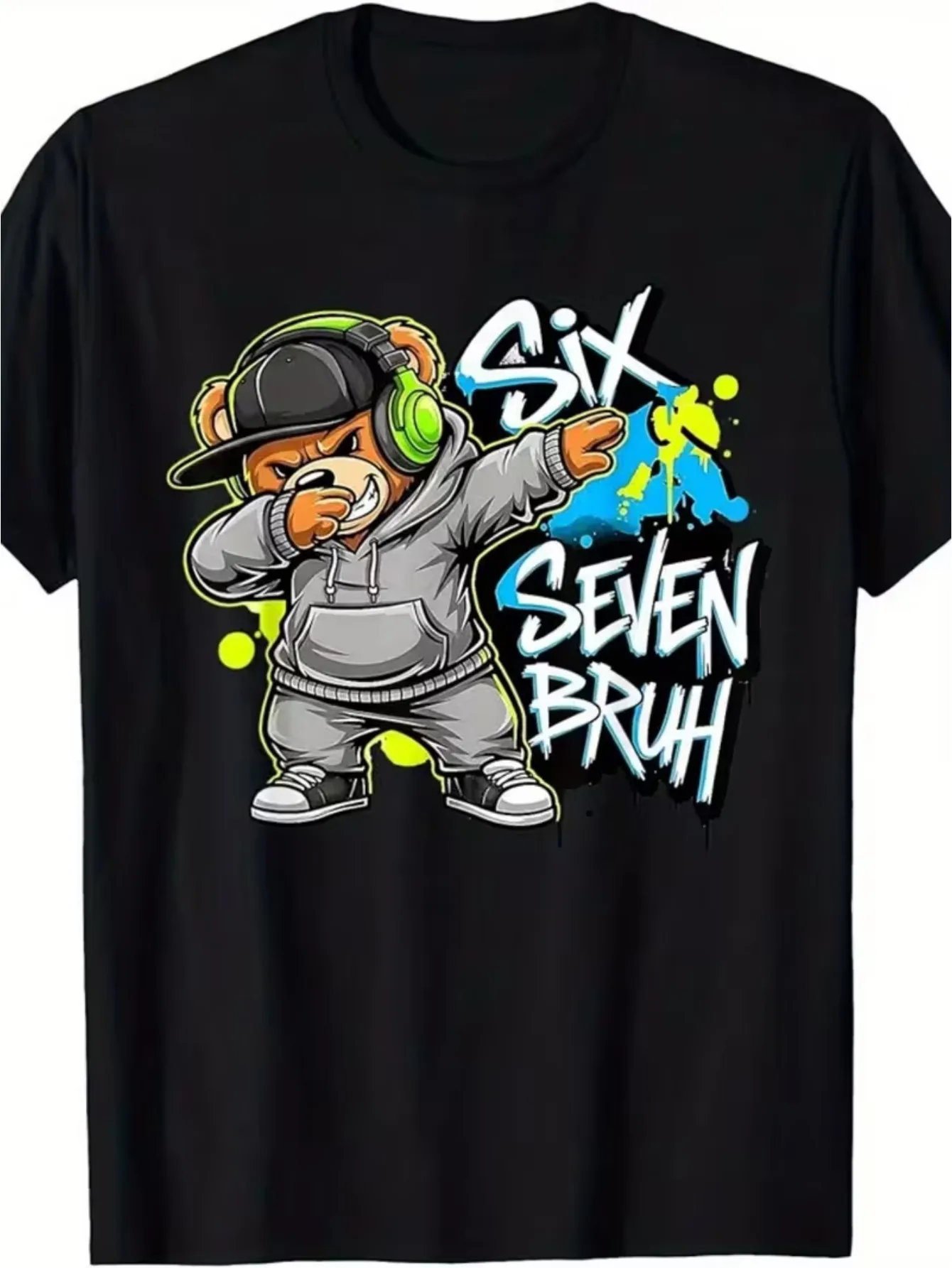 Jungen Hip-Hop Cartoon Teddybär Print T-Shirt - Lustiges Twerk-Tanz-Motiv mit SIX SEVEN BRUH Graffiti-Text Schwarzes Spaß-T-Shirt