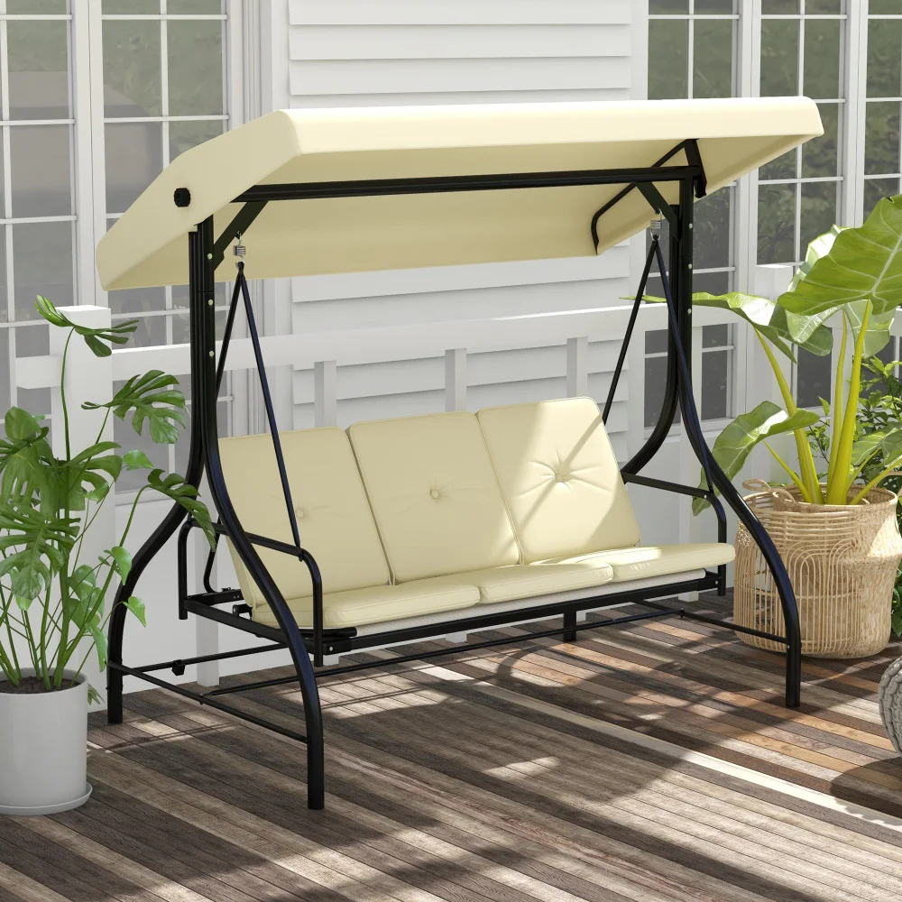 Chaises de jardin, balançoire Hollywood 2-en-1 avec fonction inclinable, balançoire de jardin 3 places avec auvent réglable, banc balançoire supportant jusqu'à 240 kg, chaise longue de jardin pour