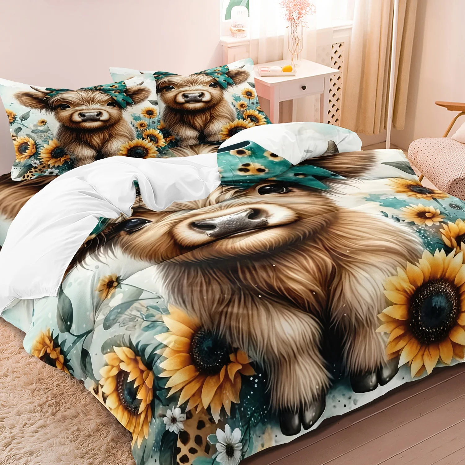 3-teiliges Bettwäsche-Set mit Bauernhoftier- und Sonnenblumenmuster, für Schlafzimmer, Hotel, Pension, Schule, Wohnheim Image