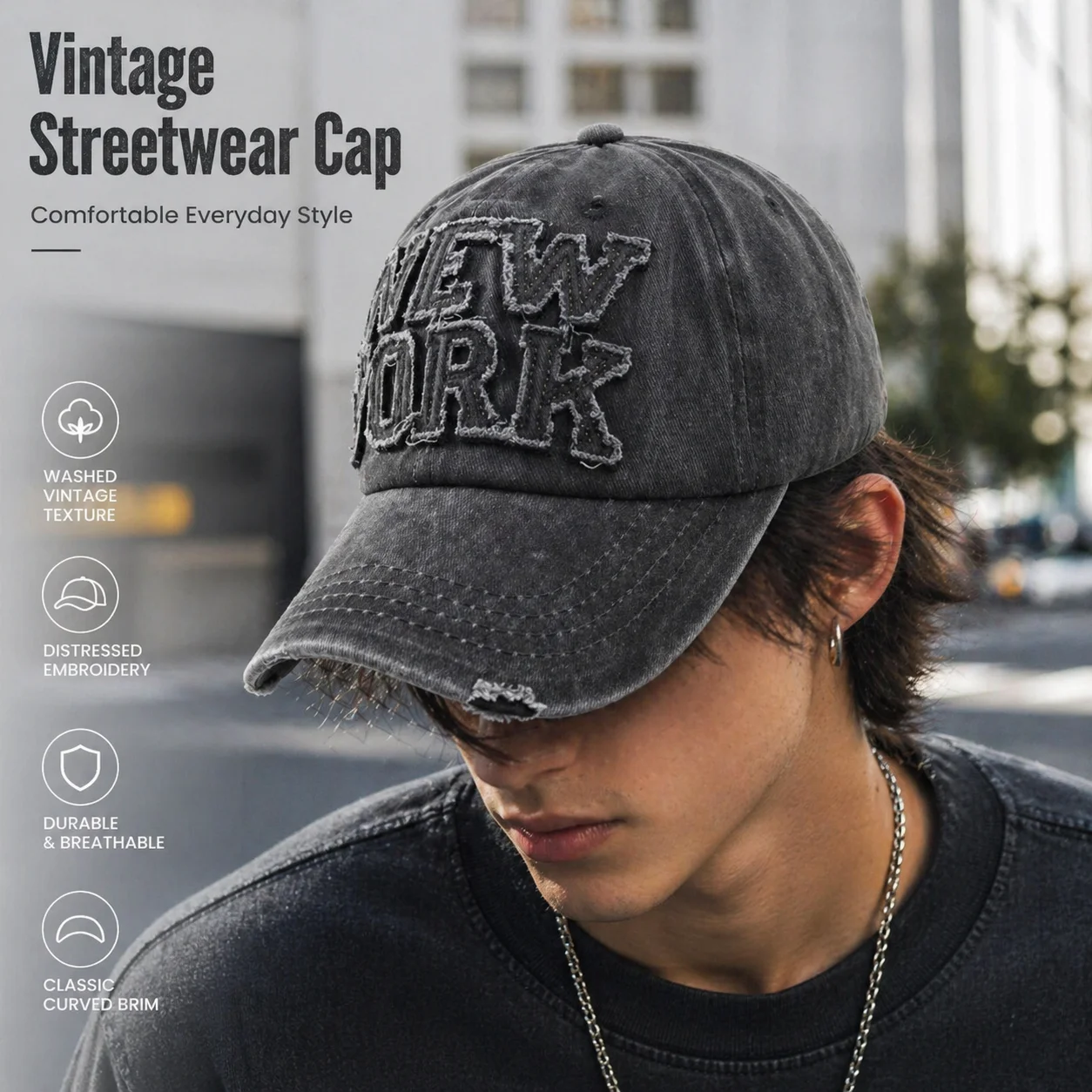 Vintage Washed New York Baseball Cap mit Distressed-Stickerei Y2K Retro Streetwear für Herren und Damen Verstellbare Dad Hat Kappe