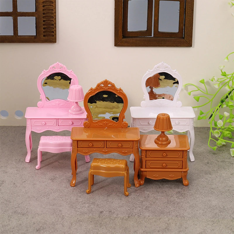 1Set Puppenhaus Miniatur Schminktisch Mit Spiegel Nachttisch Stuhl Make-up Tisch Wohnkultur Spielzeug Puppe Haus Zubehör