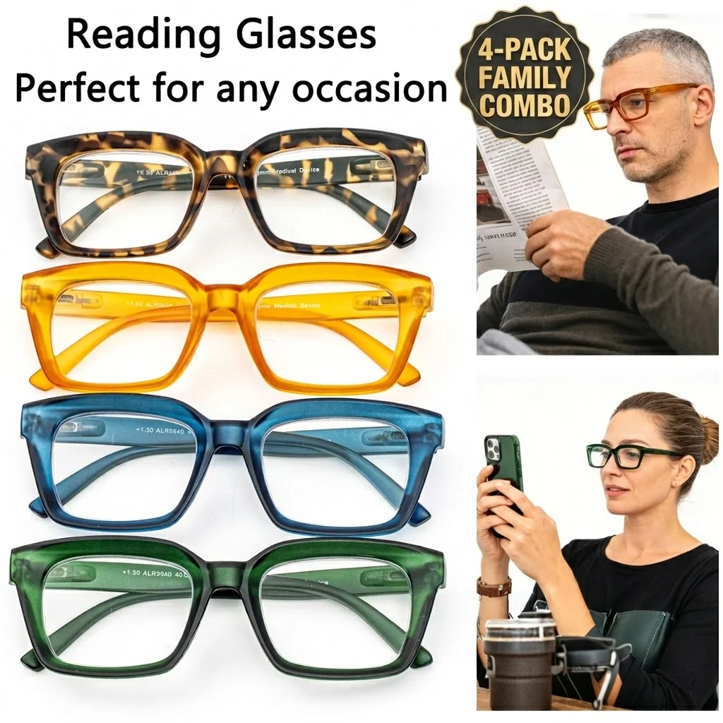 Herren Damen 4er-Pack Lesebrillen in Bonbonfarben Retro Dicke Fassung Vintage Brillen Ultra-Vorteilhaftes Familienpaket Lesebrillen Image