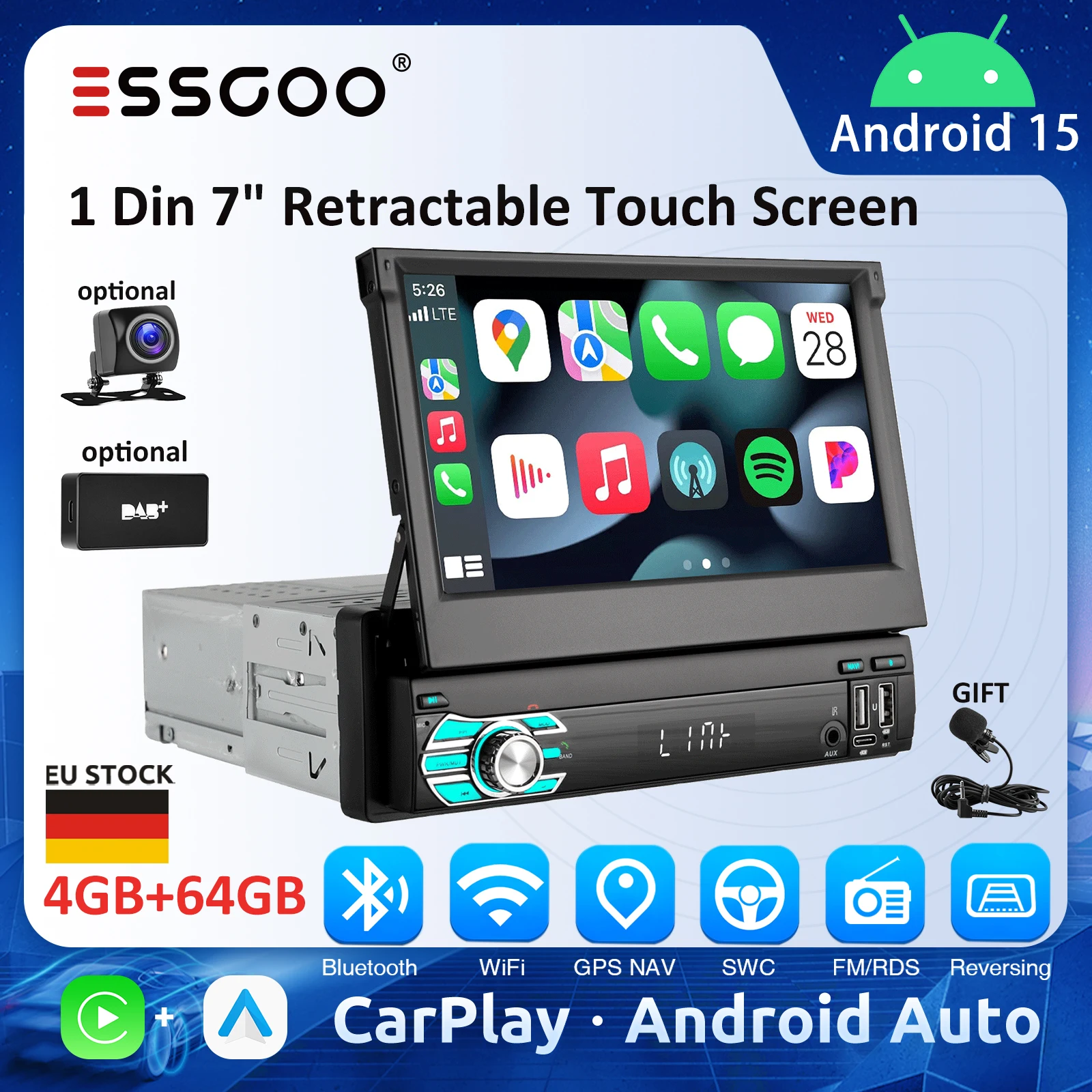 ESSGOO 1 Din 7-Zoll Ausfahrbarer Bildschirm Android Auto Carplay Universelles 1Din Autoradio GPS RDS Navigation Multimedia MP5 Videoplayer Image