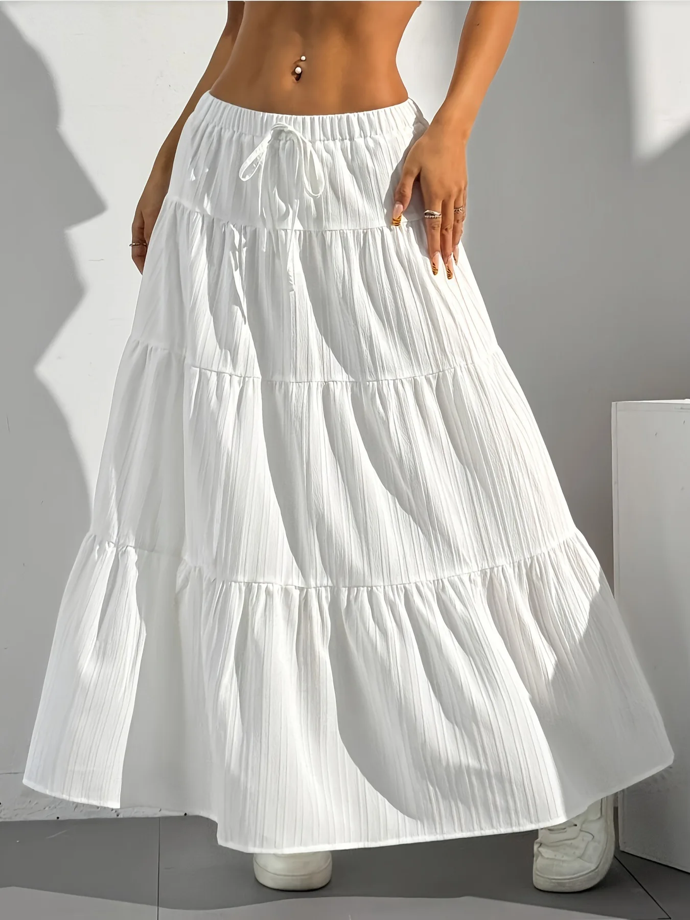 Plus Size Neuer Frühling/Sommer Damenrock in halber Länge mit Riemendetail, großer Swing-Rock, lockerer langer Rock Image