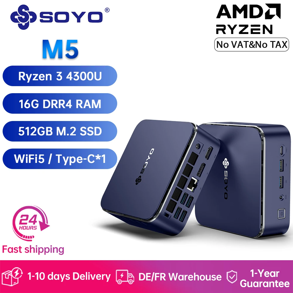 SOYO Mini-PC Mini M5 AMD Ryzen 3 4300U CPU mit 16 GB DDR4 512 GB SSD-Computer, unterstützt 4K HDMI DP Display Type-C WiFi5/BT4.2