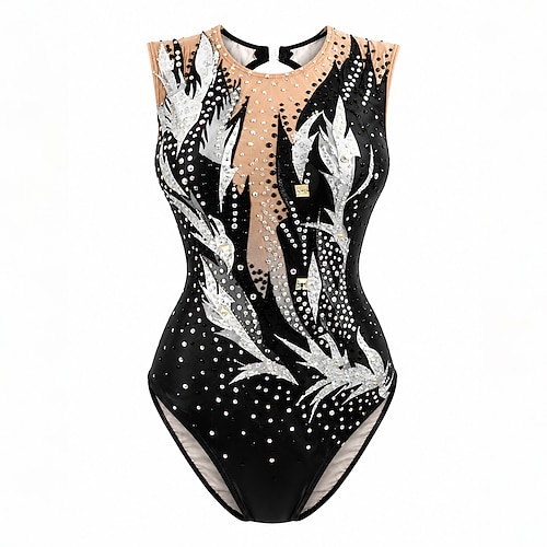 Body da pattinaggio artistico Per donna Pattinaggio sul ghiaccio Body da pattinaggio artistico Nero Patchwork Schiena aperta Elasticizzato Allenamento Competizione Vestiti da pattinaggio sul ghiaccio