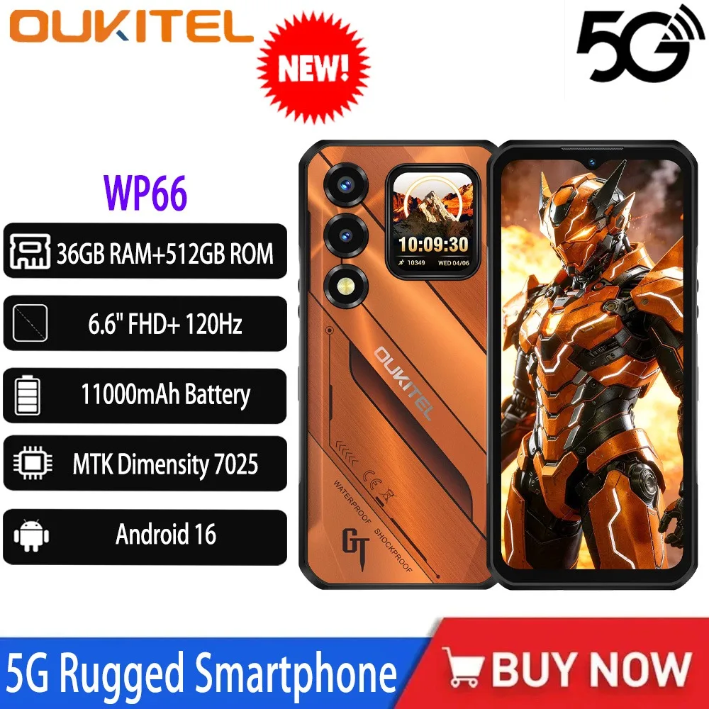 OUKITEL WP66 11000mAh 5G Robustes Smartphone Dimensity 7025 Octa-Core 36GB+512GB 6,6" FHD+ 1,81 " Dual-Bildschirm 120Hz 108MP NFC GPS Image
