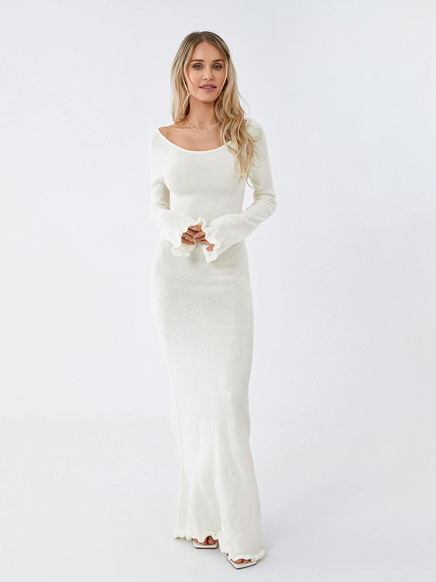 Frauen Herbst Winter Gestrickte, Figurbetontes Kleid Langarm Krawatte Rückenfrei Rundhals Einfarbig Rüschenbesatz Langes Kleid Beachwear Image