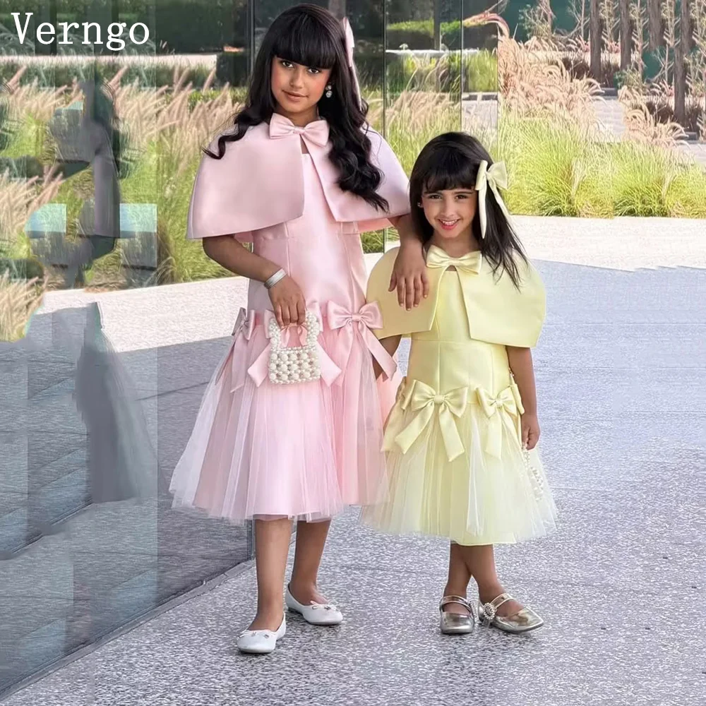 Verngo Rosa/Gelbe Satin-elegante Partykleider für Mädchen, O-Ausschnitt, Schleife, A-Linie, Prinzessinnen-Blumenmädchenkleider