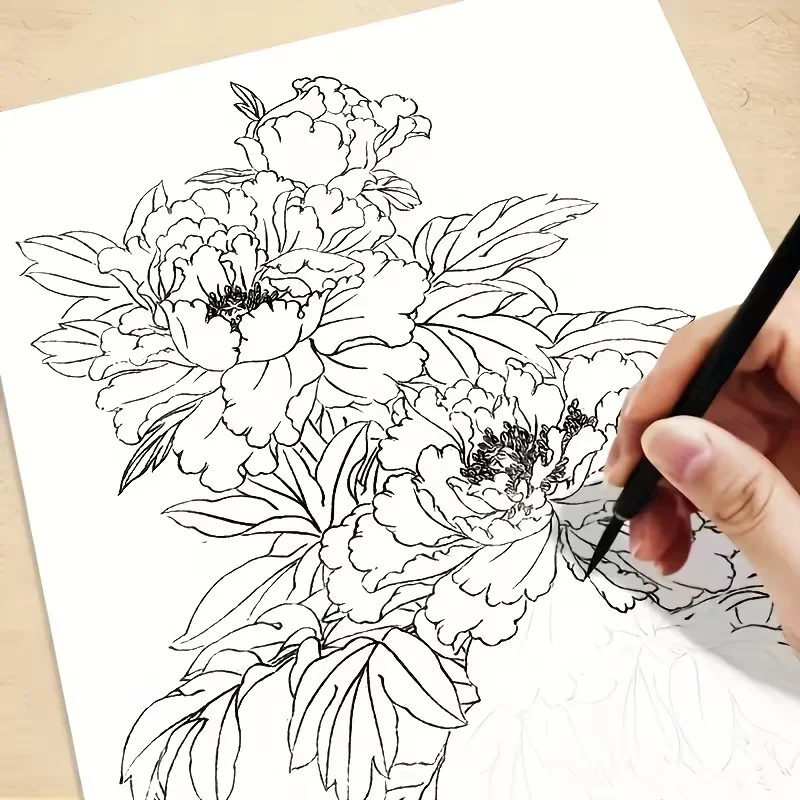 Chinesisches Strichzeichnungsbuch für Anfänger: Schritt-für-Schritt-Blumen-Skizzenpraxis mit über 100 Blumendesigns und Strichzeichnungen zum Malen Image