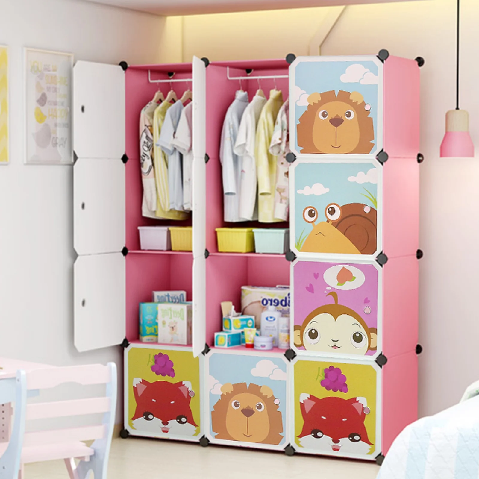 Kinderschrank, erweiterbares Kinderregal, Kinderschrank-Bücherregal mit Türen und 2 Kleiderbügeln, 111 x 37 x 147 cm