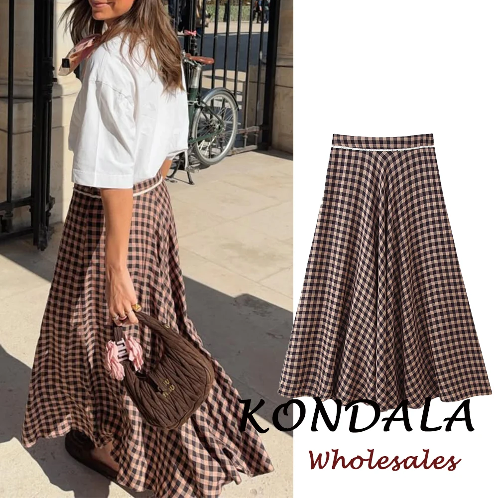 KONDALA Vintage Moderner Karierter Streetwear-Rock mit Blumenspitze, Langer Faltenrock, Elegante Mode 2026 Frühling Schicker Brauner A-Linien Damenrock