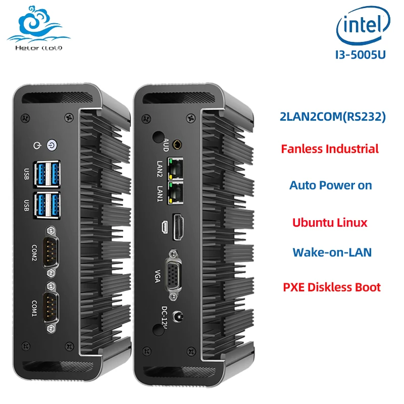 Intel Core i7-5500U Industrie-Mini-PC mit 2xGigabit LAN, 2xDB9 RS232, 4xUSB3.0, HDMI, VGA, WLAN-Unterstützung, Ubuntu, lüfterloser Computer