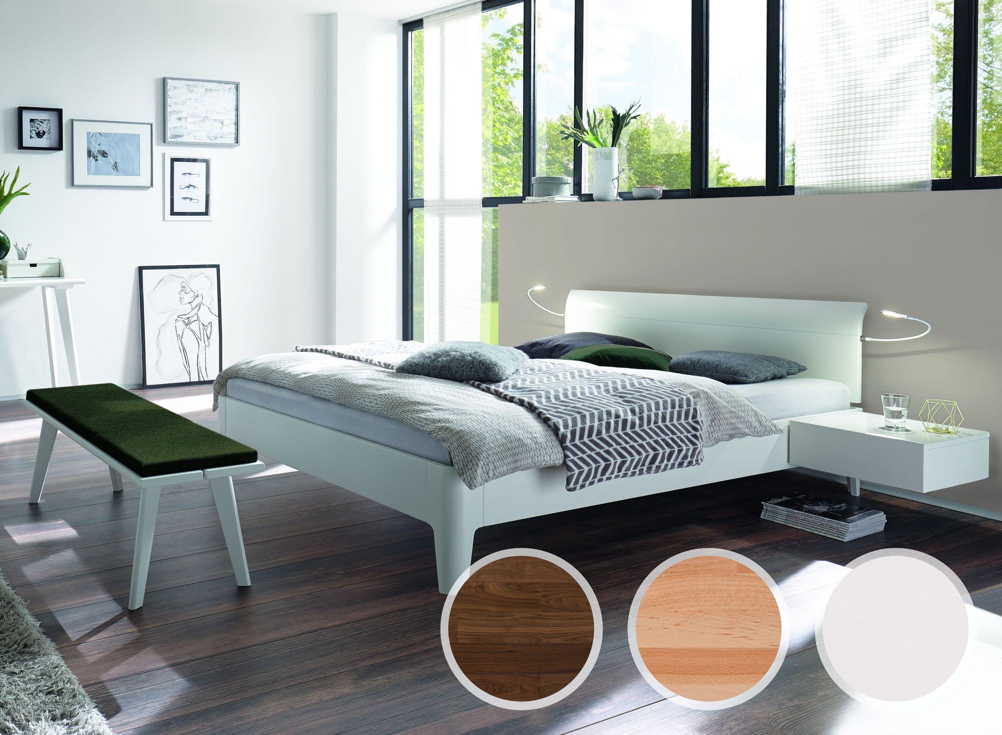 Hasena Fine-Line Designerbett Syma 18 Xylo/Vola 160x210 cm / MDF weiss deckend, lackiert / Kopfteil Nussbaum, geölt / Füße Eiche natur,