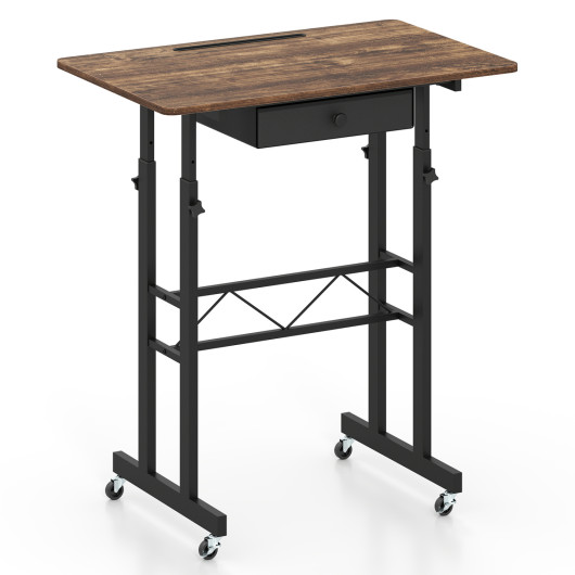 Costway Height Adjustable Laptop Desk with Fabric Drawer Tablet Holder and Lockable Wheels-Rustic Brown