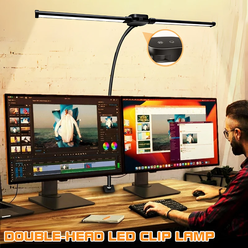 Doppelkopf-LED-Klemmleuchte, Architekten-Tischlampe für Heim- und Bürobeleuchtung, 3 Farbmodi und 10 Dimmstufen, Augenschonende Schreibtischlampe Image
