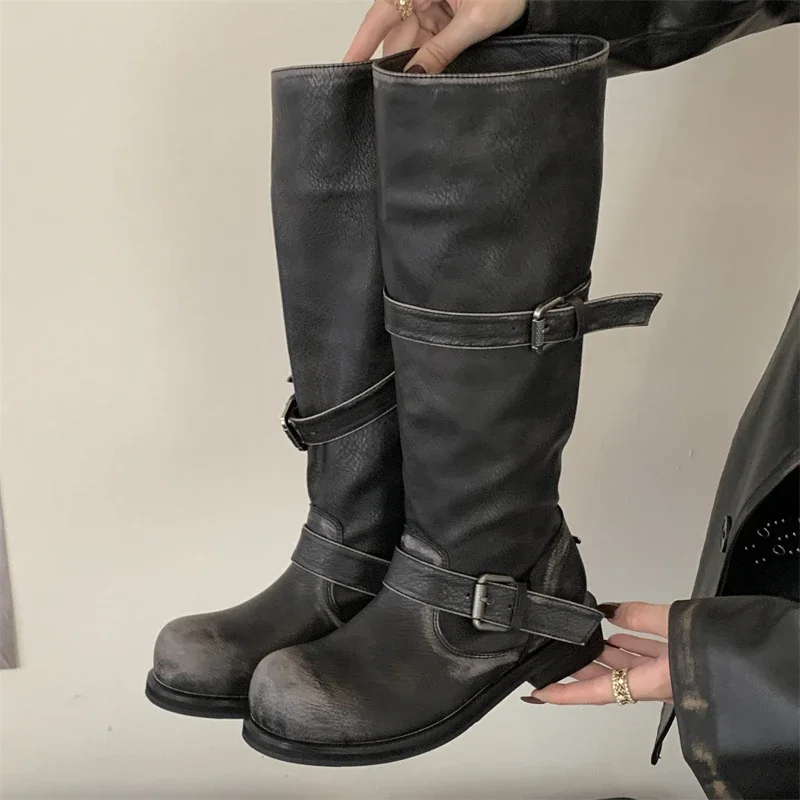Eilyken Winter Punk Design Gürtel Schnalle Kniehohe Stiefel Frauen Mode Runde Kappe Platz Heels Schuhe Moderne Booties Zapatos De Muje