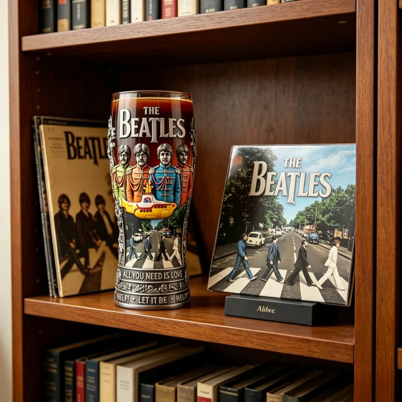 Die Beatles-Gedenk-Bierkrüge aus Reliefglas mit Beatles-Motiv, Abbey Road, gelbes U-Boot, als Gedenkstück. Image