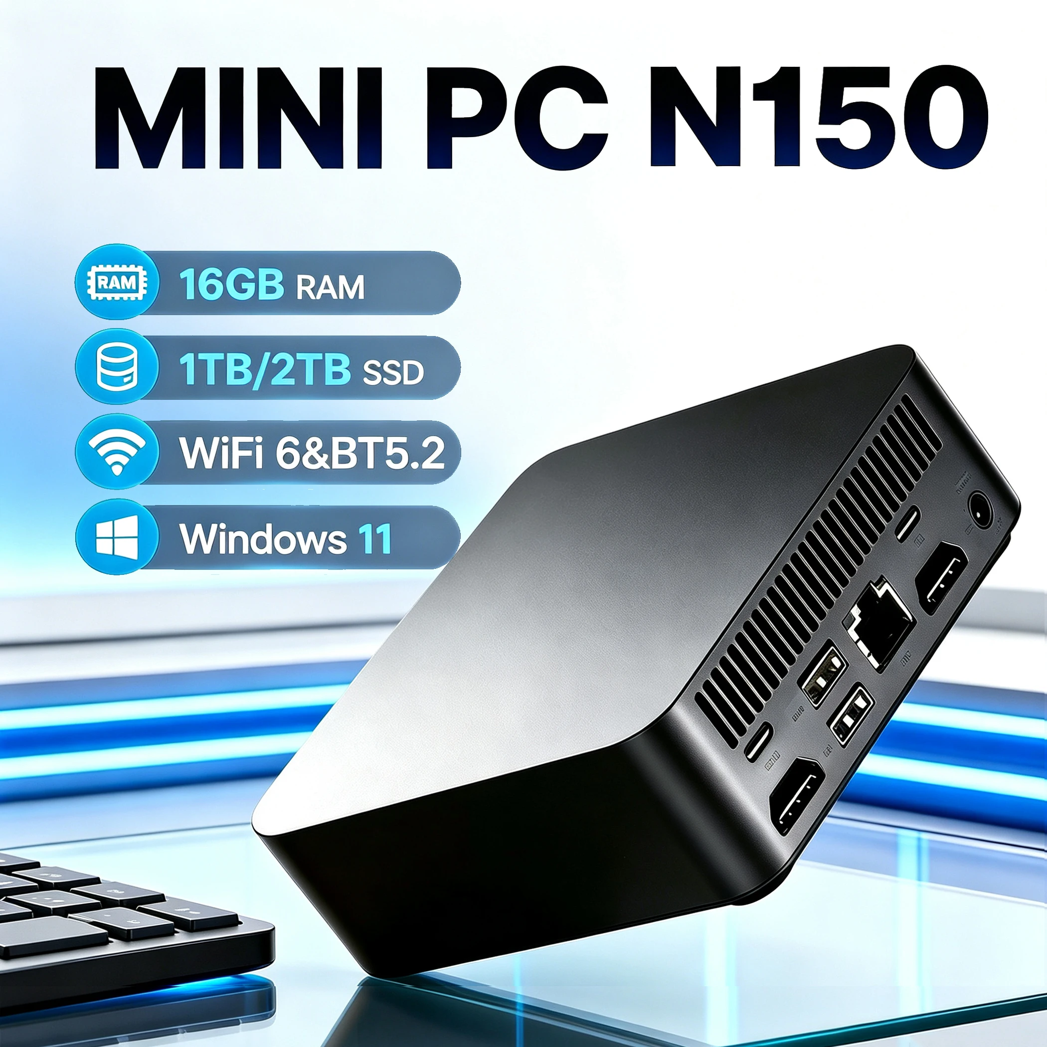 Mini PC de jeu compact Windows 11, Intel N150, 16 Go de mémoire, SSD 1 To/2 To, écran 4K, mini PC portable, PC de poche
