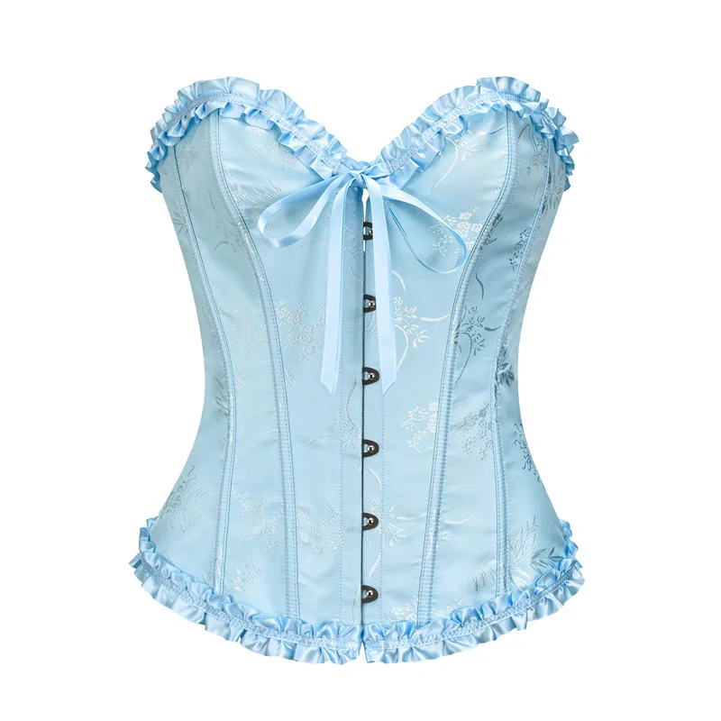 XS-6XL Blau Jacquard Rüschen Trim Sexy Overbust Korsett Für Frauen Plus Größe Gothic Kleidung Schlanke Taille Body Shaper Bustier Femme