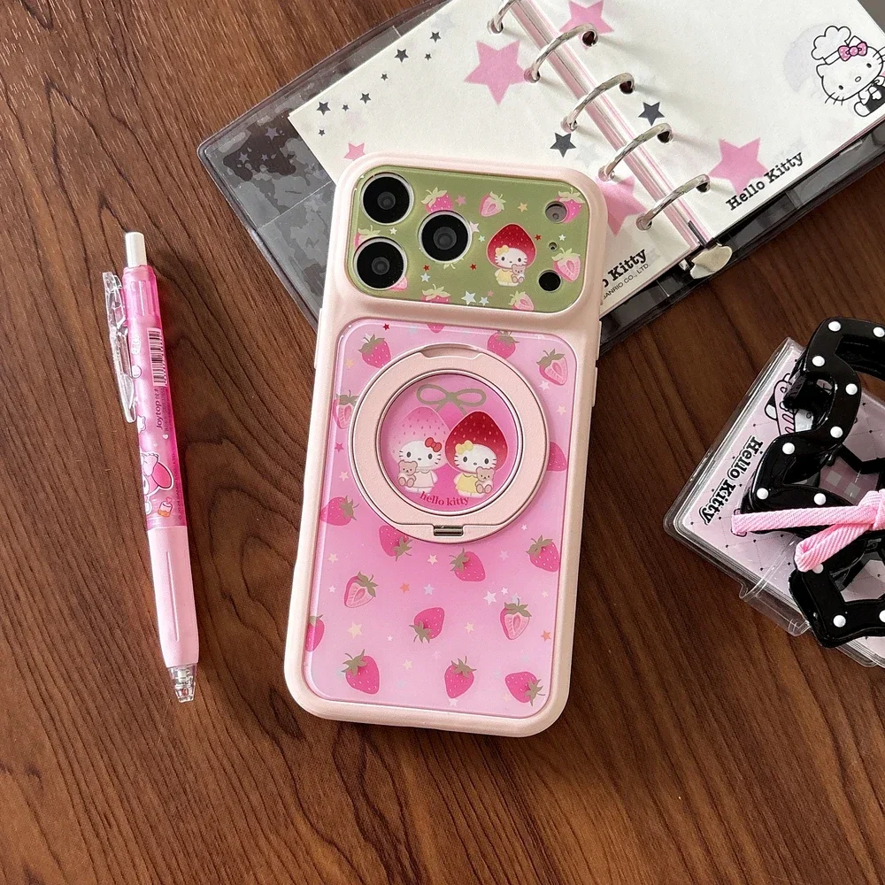 Modische Niedliche Sanrio Hello Kitty Erdbeer-Schleife 360 ° Drehbarer Ständer Handyhülle für iPhone 17 16 15 Pro Max mit Ringhalterung