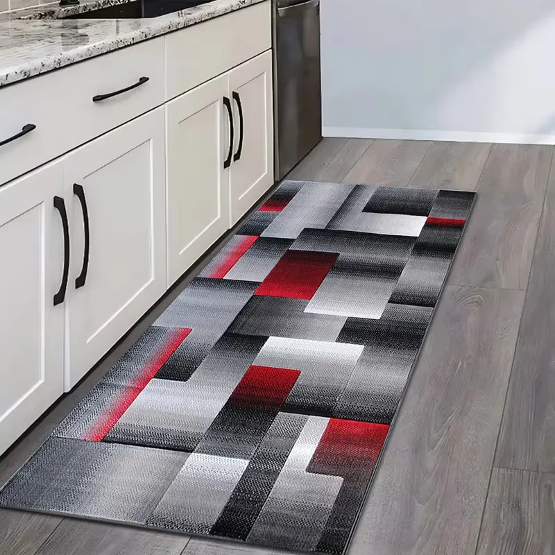 Moderner Geometrischer Läufer, Rot-Schwarz-Grauer Küchenteppich, Luxuriöser Rutschfester Waschbarer Eingangsteppich für Flur und Schlafzimmer Image