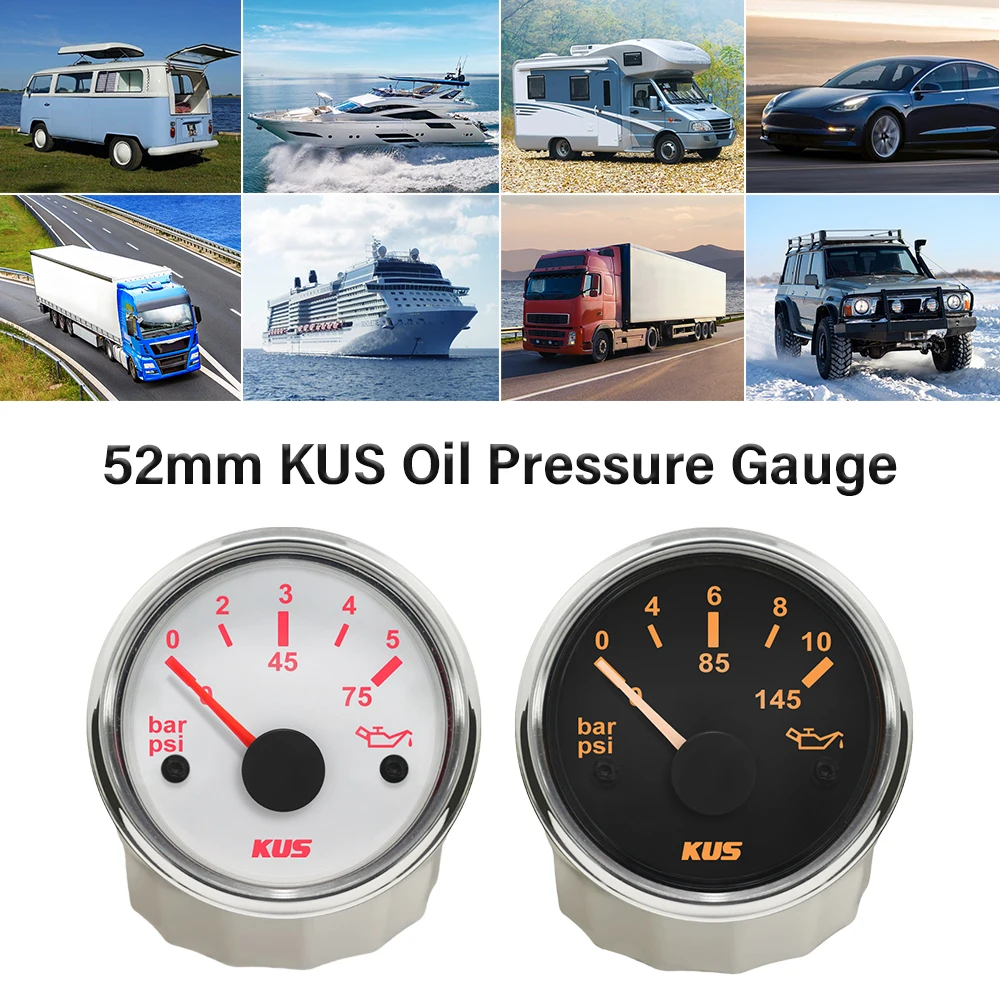 KUS 52 mm Öldruckmesser, 0–5 Bar, 0–75 PSI, 0–10 Bar, 0–145 PSI, für Marine, Auto, LKW, Yachten mit Hintergrundbeleuchtung, 12 V, 24 V Image