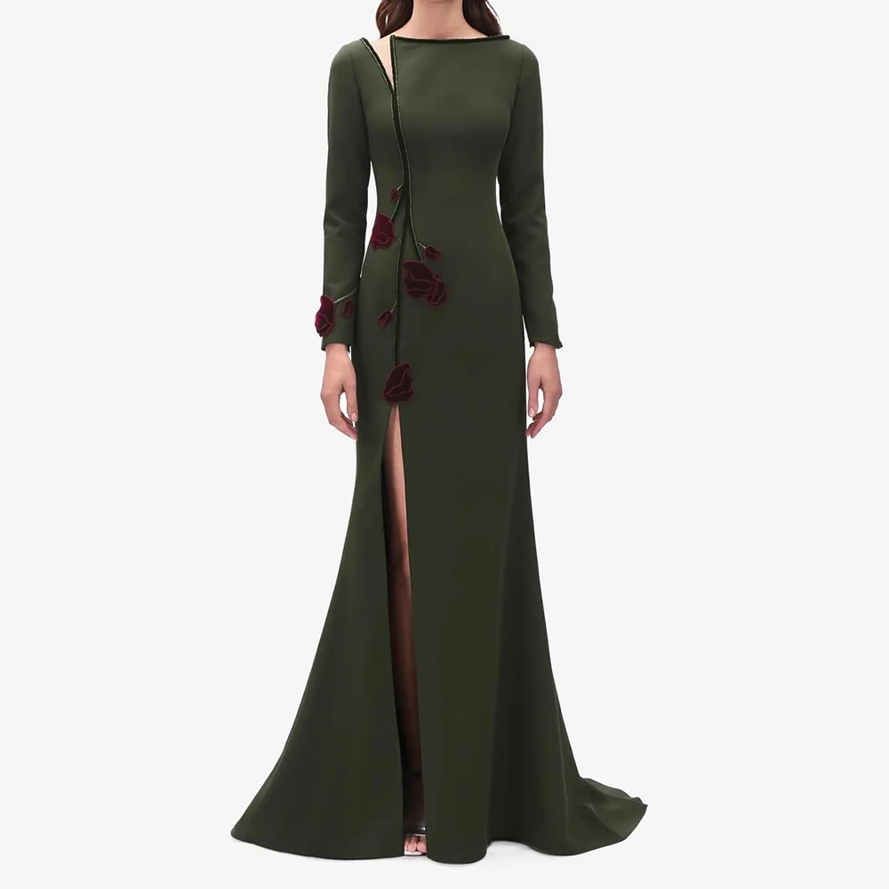 Customized Mermaid Evening Dresses Floor-length Boat Neck Full Sleeve Prom Gown Fashion Flowers Simple Draped Casual Party Gown