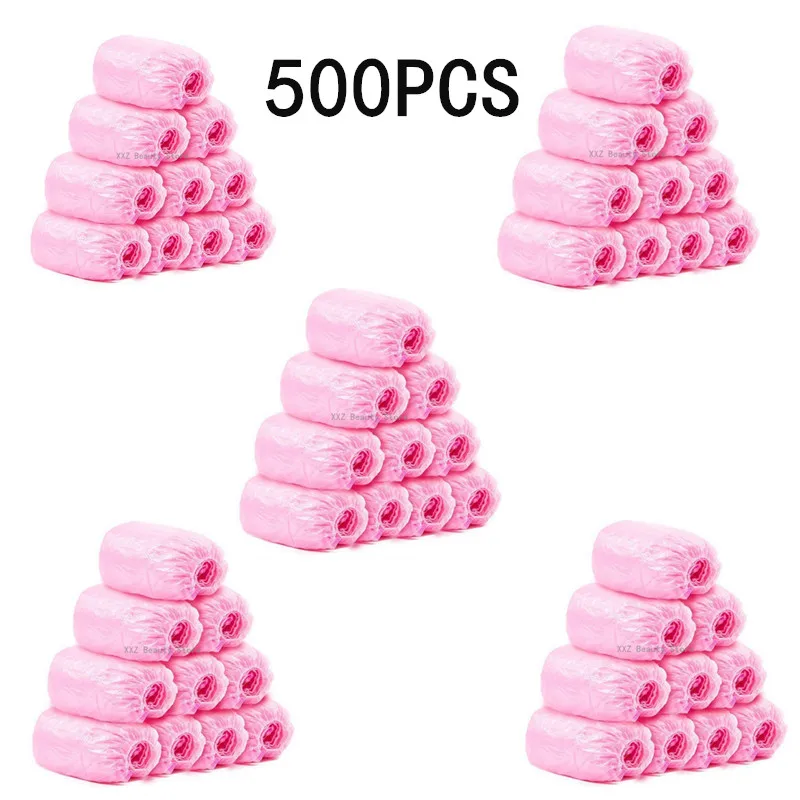 100-500PCS Rosa Kunststoff Schuh Abdeckung Einweg Wasserdichte Schuh Abdeckung Kunststoff Nicht-slip Fuß Abdeckung Innen Schuh Abdeckung hause Verwenden