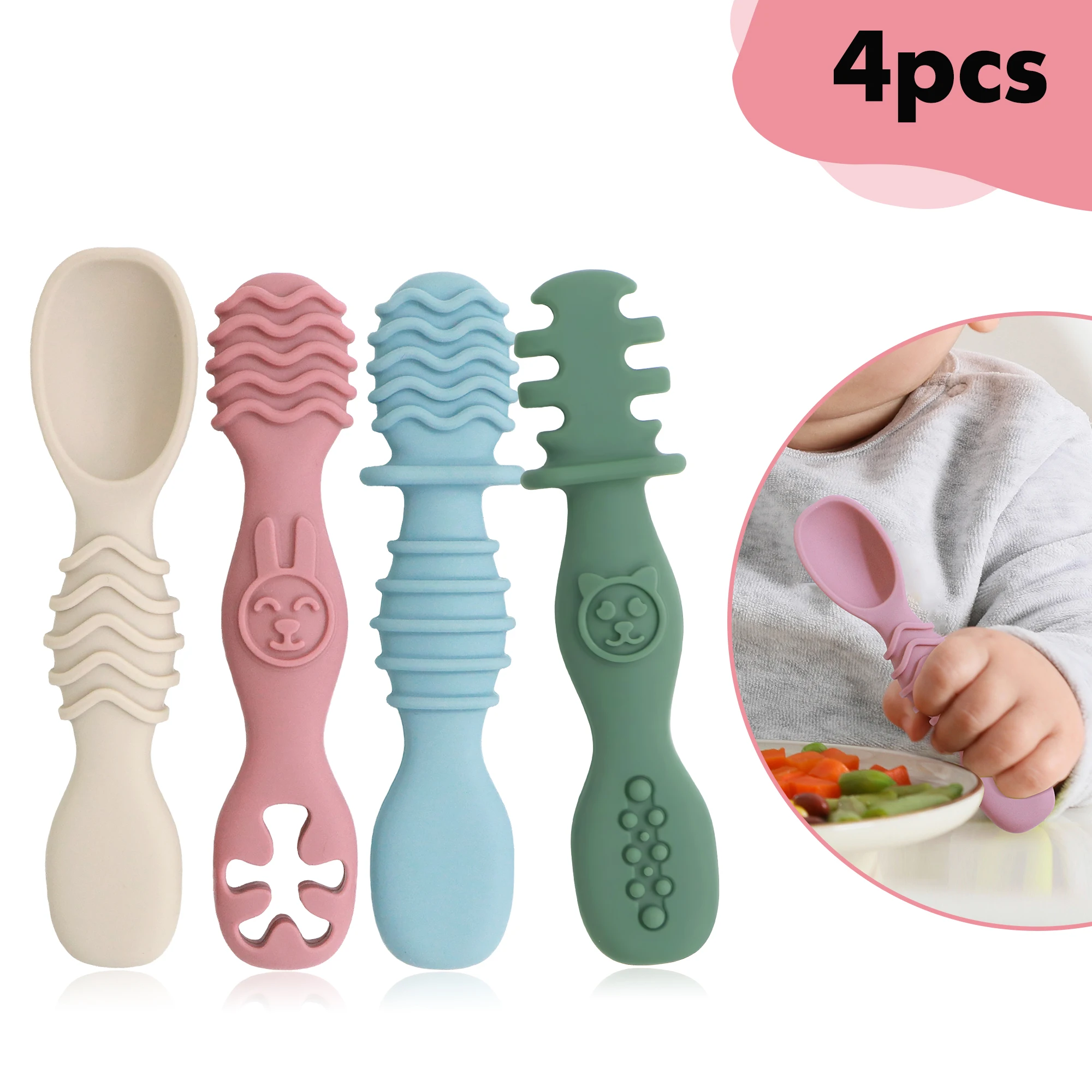 4-teiliges Set - Silikon-Babyfütterungslöffel, Stufe 1 Selbstfütterungslöffel, geeignet für die Entwöhnung des Babys und das Selbstfütterungstraining. Image