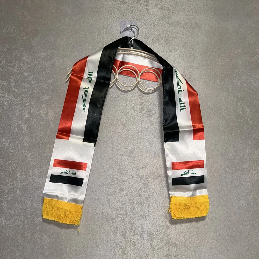 Irak-Schal 14x135cm Doppelseitig bedruckter Satin-Schal mit Irak-Flagge und Quasten, geeignet für Fußball-WM 2026, Sport, Veranstaltungen Image