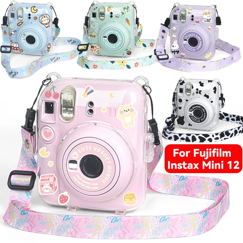 Für Fujifilm Instax Mini 12, transparente Kameratasche, schützende Tragetasche, mit Schultergurt, Aufbewahrungstasche mit niedlichem Aufkleber Image