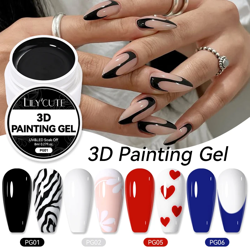 LILYCUTE 8 ml 3D Malerei Nagel Gel Weiß Schwarz Farbe Pat Multifunktionale Semi Permanent UV LED Gel Nagellack Maniküre Nagel kunst Image