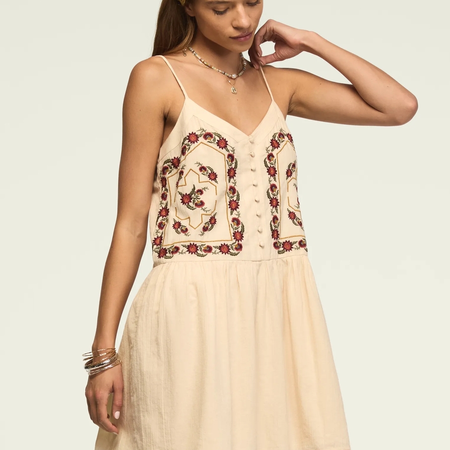Lucky Brand Contrast Embroidered Button Front Mini Dress - Women's Clothing Dresses Mini Dress in Gardenia, Size XL - Lucky Brand