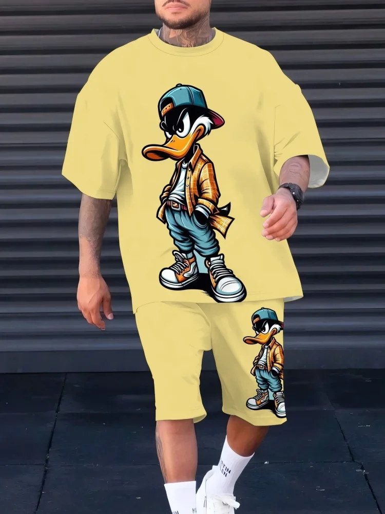 Sommer Neue Herren-Sets Farbverlauf Lustiger Enten-Print Kurzarm-T-Shirt+Shorts Anzug Lässiges Set Sport Streetwear 2-teiliges Outfit Image