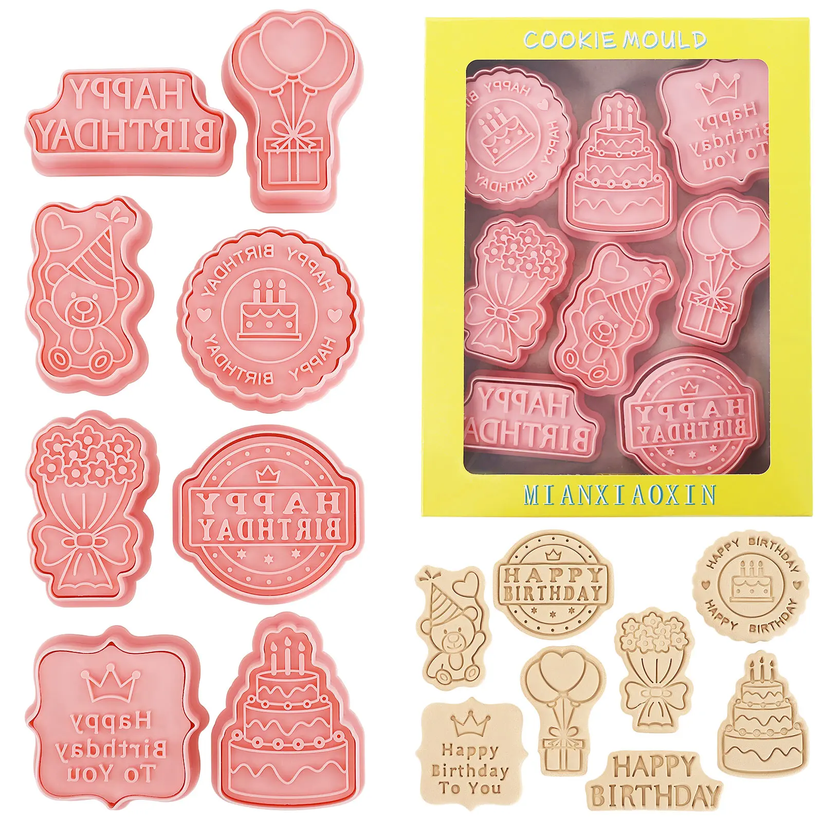 8 Stück Happy Birthday Ausstecher mit Stempel Keksform DIY Küche Backformen Werkzeuge für Babyparty Kindergeburtstagsparty Image