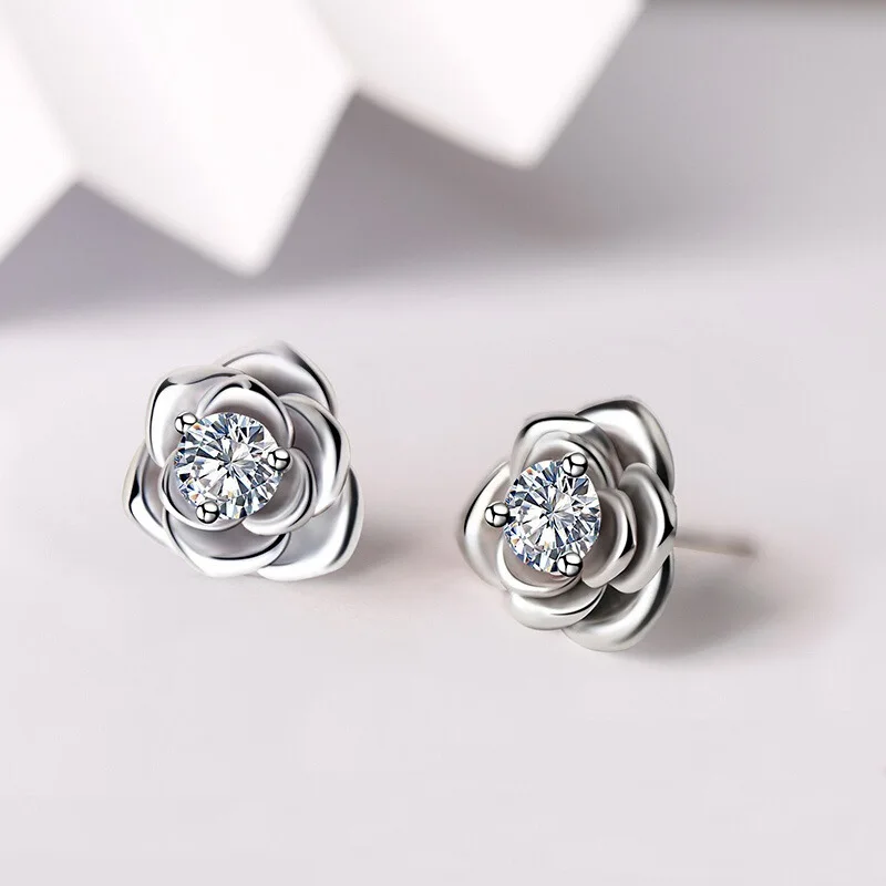 925 Silber Ohrringe Rosenblüte für Damen Sterling-Silber Hochzeitsschmuck Elegante Damenaccessoires Mode 5A Zirkon Geschenk