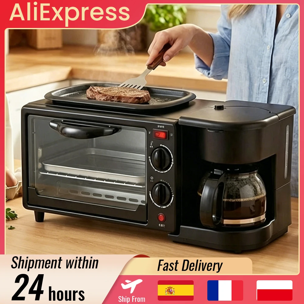 Multifunktionale Frühstücksmaschine 3-in-1 Frühstückszubereiter Kaffeemaschine, Frühstücksstation mit 600 ml Kaffeemaschine + 9 L Ofen + Bratpfanne, Toaster Frühstückszubereiter für Zuhause und Büro Image