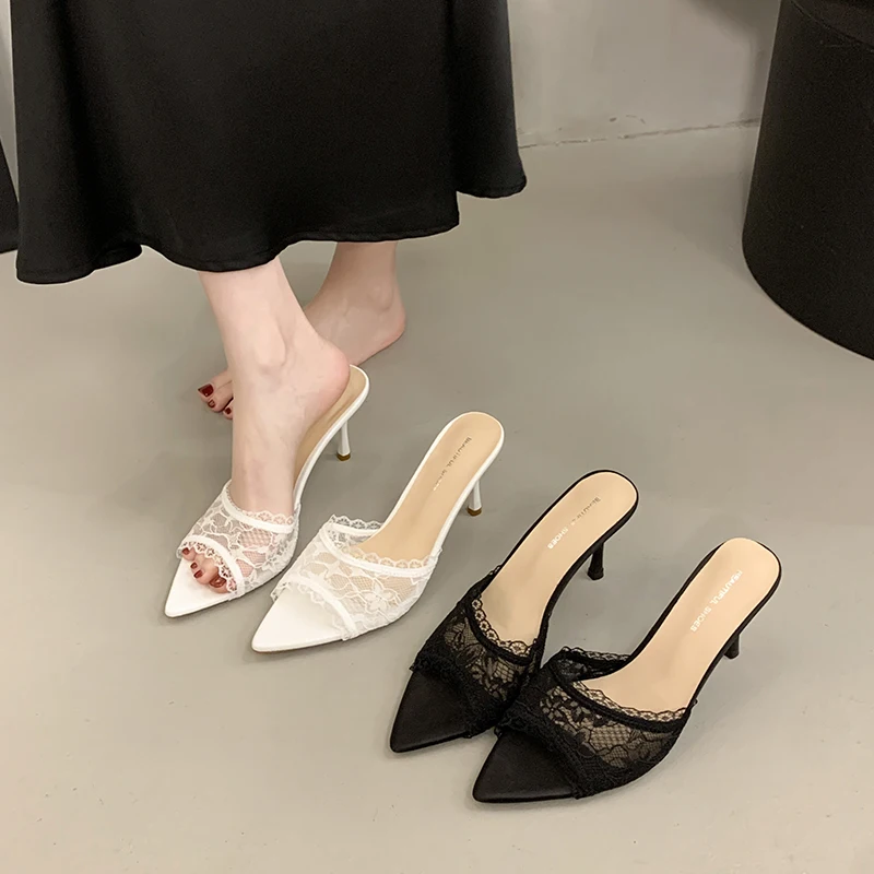 Neue Sommer-Spitze-Slipper für Damen, atmungsaktiv, elegant, mit dünnen hohen Absätzen, Party-Kleiderschuhe, Damenschuhe