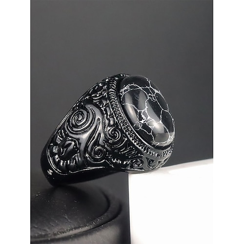 Vintage-Herrenring mit Tigerauge, schwarzer Legierungsring mit Gravur, Statement-Ring im Bohème-Stil, maskuliner Schmuck für Sommerreisen, Freizeit Festivalkleidung Image