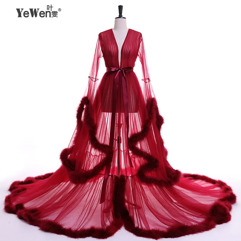 Radiant Red V-Neck Long Sleeves Feather Tulle Evening Dress for Photo Shoot Maternity Photoshoot Plus Size Robe De Soiree YEWEN