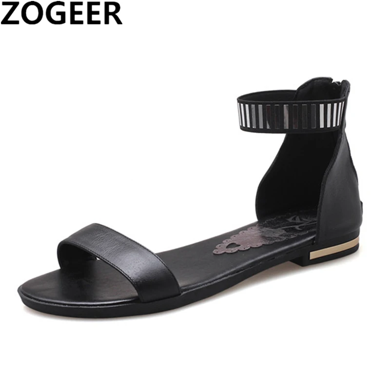 Große Größe 45, Sommerschuhe, Damen-Sandalen, Flip-Flops, Gladiator, echtes Leder, flache Schuhe, lässige Knöchelriemen, goldene Strandschuhe für Mädchen