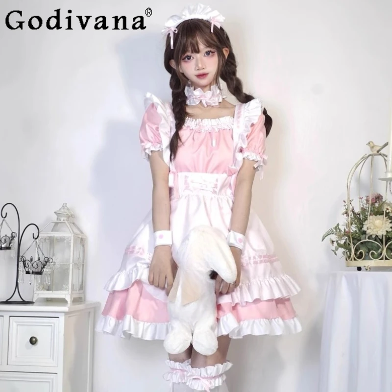 L-5XL Große Größe Rosa Süße Lolita Maid Uniform Sommer Nette Schleife Kurzarm A-linie Kurzes Kleid Mädchen Halloween Party Kleider