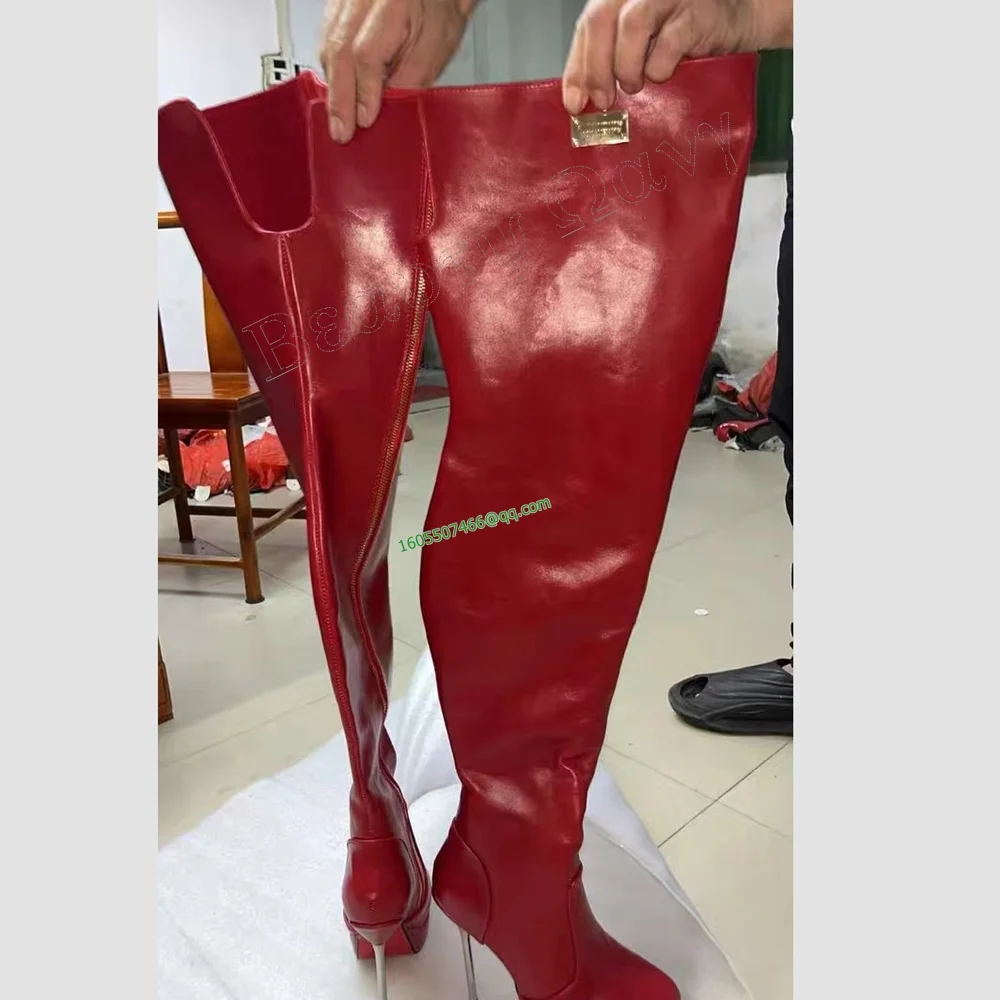 Rot Metall Ferse Metall Dekor Zipper Stiefel Spitz Oberschenkel Hohe High Heel Schuhe Solide Sexy Frauen Schuhe Neue Zapatos Para Mujere
